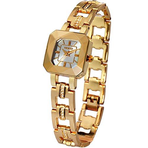 Time100 Ladies Watch Polyhedron Glass Made in Japan Quartz Skeleton Diamond  Band Bracelet Type 30M Water Resistant Women's Watch W80023L.03A (Gold)