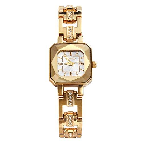 Time100 Ladies Watch Polyhedron Glass Made in Japan Quartz Skeleton Diamond  Band Bracelet Type 30M Water Resistant Women's Watch W80023L.03A (Gold)