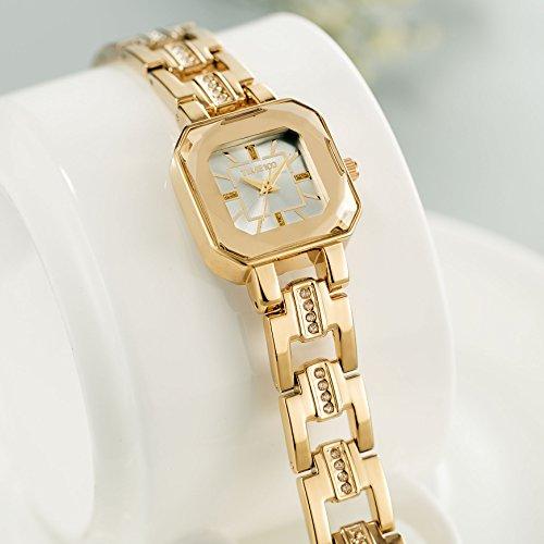 Time100 Ladies Watch Polyhedron Glass Made in Japan Quartz Skeleton Diamond  Band Bracelet Type 30M Water Resistant Women's Watch W80023L.03A (Gold)