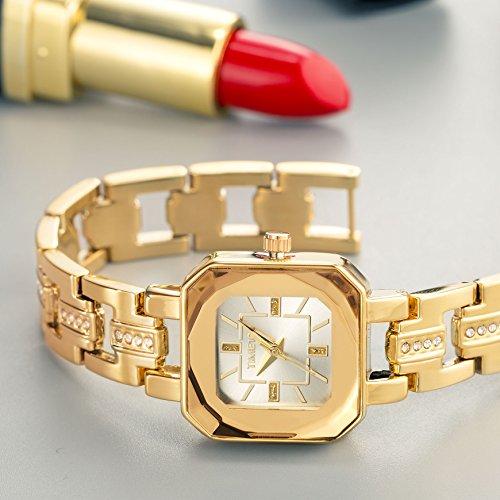 Time100 Ladies Watch Polyhedron Glass Made in Japan Quartz Skeleton Diamond  Band Bracelet Type 30M Water Resistant Women's Watch W80023L.03A (Gold)