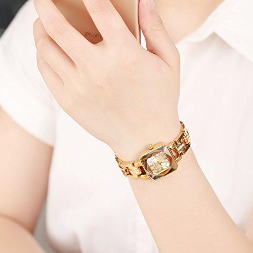 Time100 Ladies Watch Polyhedron Glass Made in Japan Quartz Skeleton Diamond  Band Bracelet Type 30M Water Resistant Women's Watch W80023L.03A (Gold)