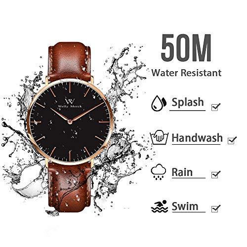 WM WELLY MERCK  WELLYメルクレディース腕時計誕生日プレゼントスイスブランド18MMレザーベルトスイスクォーツ36mmのブラック文字盤50M防水（並行輸入品）（ブラック）
