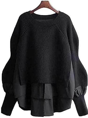 [Niemann by] Docking Blouse Knit Layered Tops Soft Balloon Sleeve Shirt  Pullover Lace Rough Touch Sweater Wool Rib Rib Knit Thick Soft Round Neck 