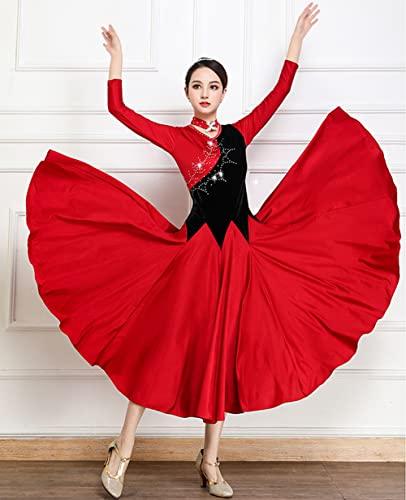 新品　社交ダンススタンダードドレス赤黒M