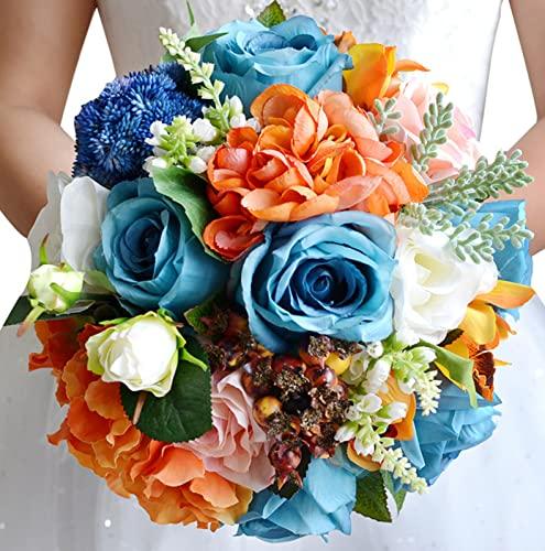 花嫁保持花、造花、家の装飾、オレンジ ブルー ローズ アジサイ ブライダル保持花、造花結婚式の花ブライダル ブーケ DIY 結婚式の家の装飾