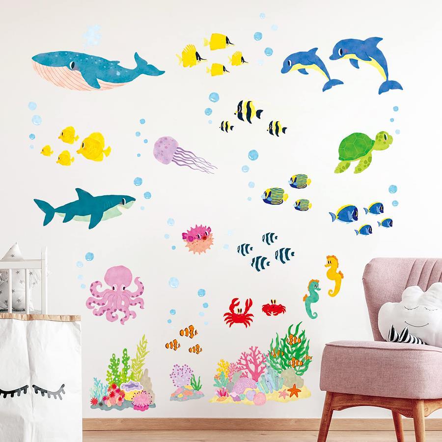 DECOWALL BA-2014S 海の中 海の生き物(小) ウォール ステッカー デコ 幼稚園 保育園 子供部屋 DIY 壁転写 シール ウォールアート  シール 男の子 女の子 こども バスルーム デコレーション ビニール 寝室用 ティーン キッズ ウォールペーパー 壁紙 家具 部屋用 処理 乳児 ...