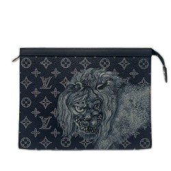 LOUIS VUITTON Monogram Savannah Pochette Voyage M66639 Clutch Bag Navy White Black Leather Men's [Used]