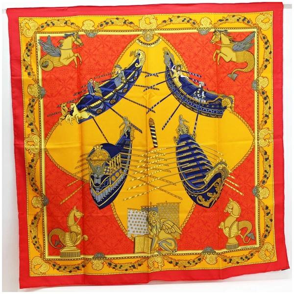 Hermes Silk Scarf LES BISSONE DE VENISE (Venice Boat Festival) Orange x Red  Used A Rank HERMES | Ladies Women [Cleaned]