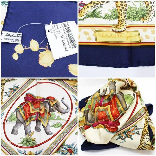 サルバトーレ・フェラガモ シルク スカーフ 未使用 ネイビー×アイボリー アニマル柄 動物柄 中古 Sランク SALVATORE FERRAGAMO  | レディース 女性用 箱付き トラ ゾウ ヒョウ タグ付き