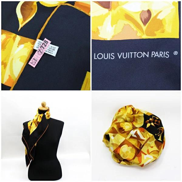 ルイ ヴィトン シルク スカーフ Carre Au fil du temps(時の流れに） イエロー×ブラック 中古 Aランク Louis  Vuitton | レディース 女性用 ブランド LV 箱付き 【クリーニング済み】