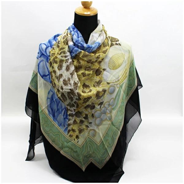 Salvatore Ferragamo Large Chiffon Scarf Black x Green x Blue Leopard Print  Animal Pattern Used AB Rank Salvatore Ferragamo | Women's [Cleaned]