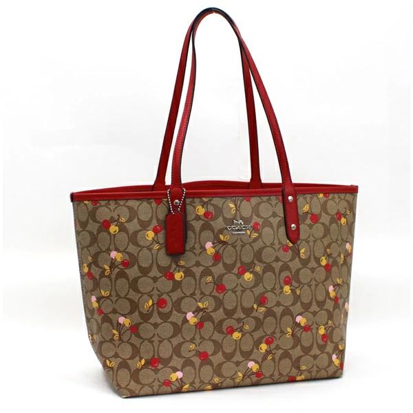 Coach Reversible Tote Bag Shoulder Bag PVC x Leather Signature Pattern Cherry Pattern F31389 Beige x Red Used AB Rank COACH Women s A4 Available