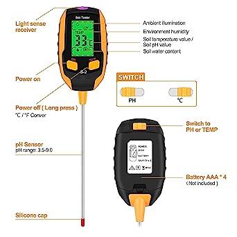 4-in-1土壌PHメーター ライト/PH/温度を備えた土壌テスター水分計 LED