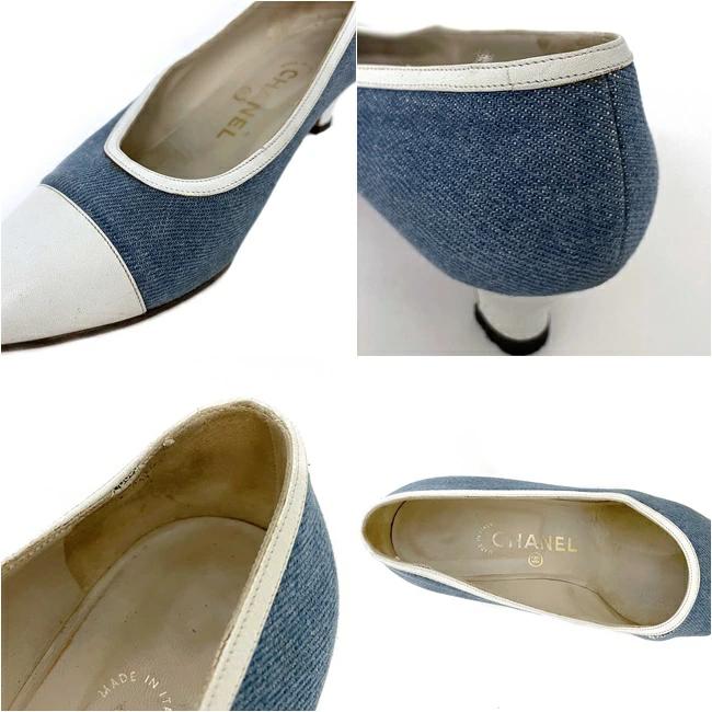 Buy Chanel pumps blue white 24.0cm 4.5cm heel denim leather used