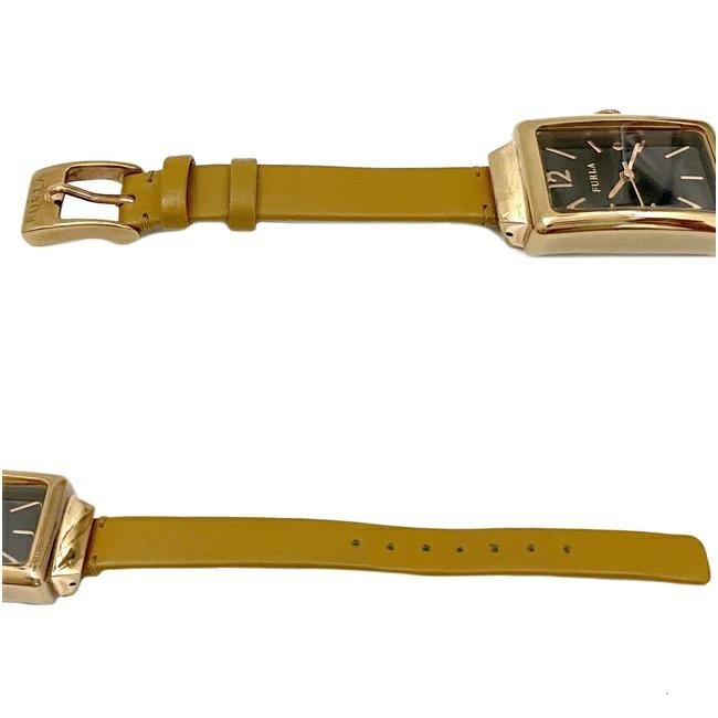 フルラ 腕時計 ゴールド ブラック ライトブラウン スクエア 時計 SS レザー 中古 FURLA 茶色 黒 電池式 レディース ウォッチ ロゴ