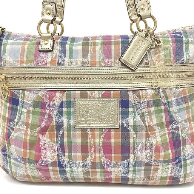 コーチ トートバッグ ピンク シャンパンゴールド マルチカラー ポピー F21956 美品 レザー キャンバス 中古 COACH ロゴ 総柄 チェック柄