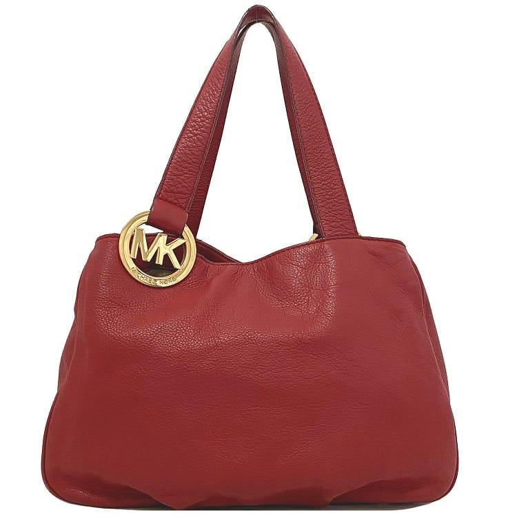 Michael Kors tote bag red gold logo leather GP used MICHAEL KORS red shoulder simple documents simple gold metal fittings