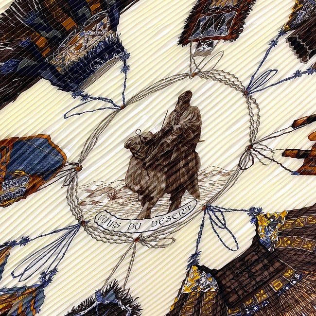 エルメス プリーツ スカーフ ホワイト ブラウン 砂漠の首飾り 美品 シルク