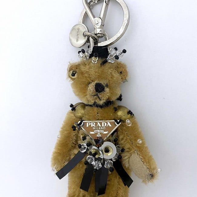 Prada Bear Trick Bear Charm Beige Silver Black QUIRINO NATURALE 1AR875 Good Condition Key Ring Acrylic Polyester