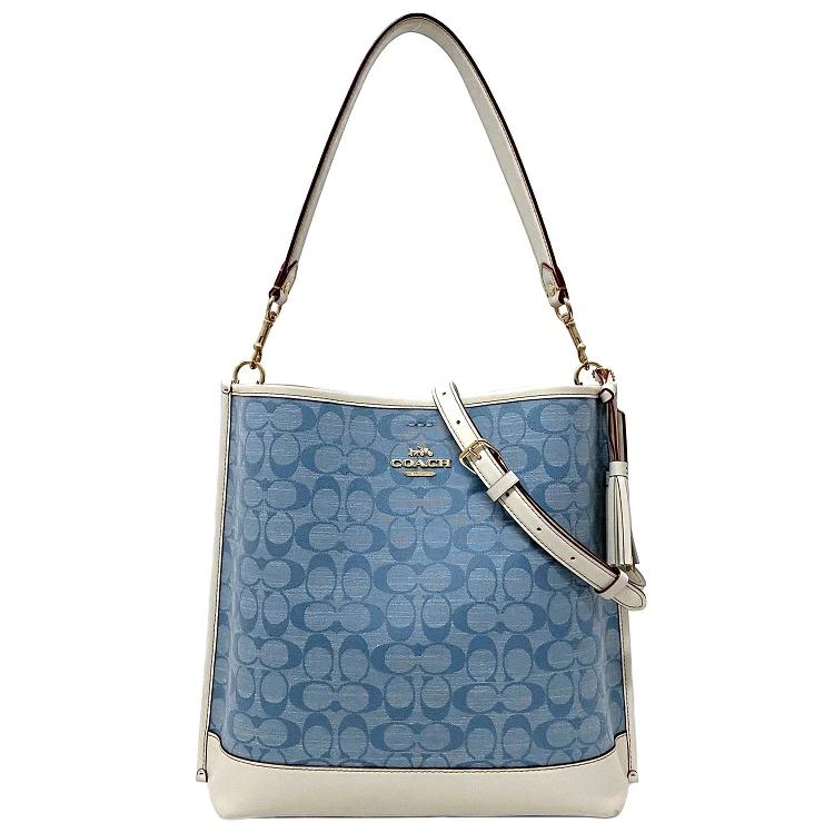 コーチ 2way バッグ ホワイト ライトブルー チョーク シグネチャー CA562 美品 キャンバス レザー 中古 COACH バケットバッグ