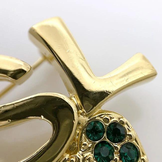 Yves Saint Laurent Pin Brooch Gold Green YSL Logo GP Rhinestone Used Yves  Saint Laurent Accessories