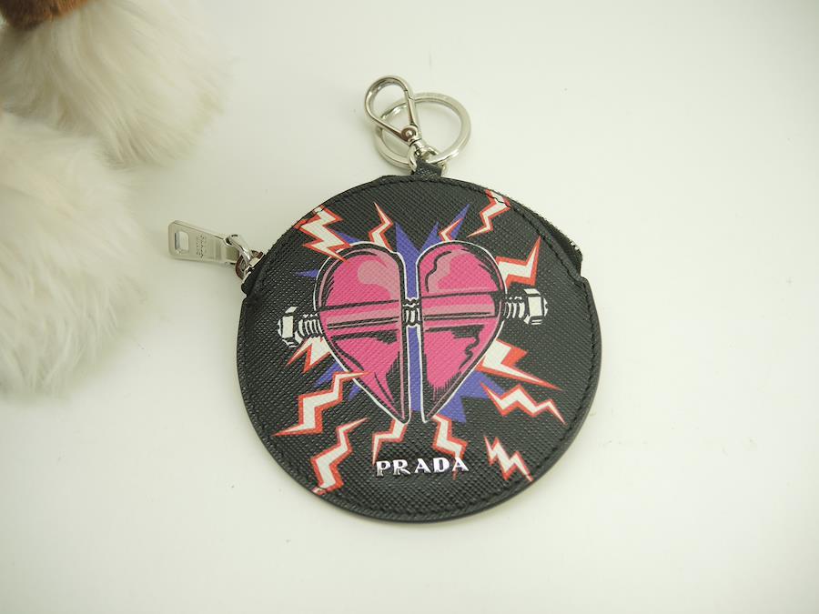 Buy Free Shipping Prada Coin Case Saffiano Black Heart Key Ring