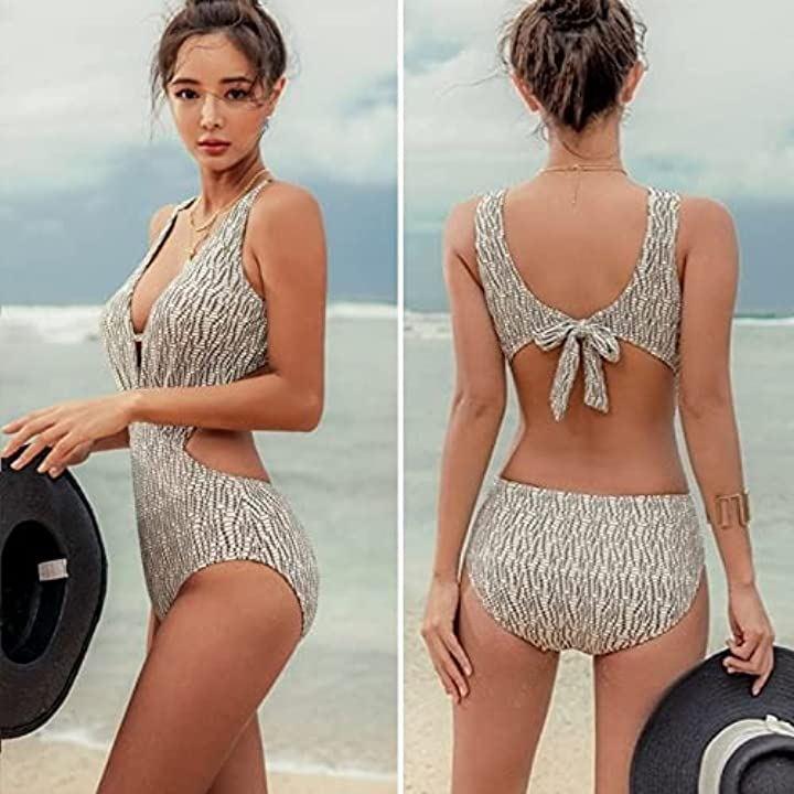 Buy Monokini Swimsuit Deep V Neck Back Ribbon Swim Dress Side Cut ...