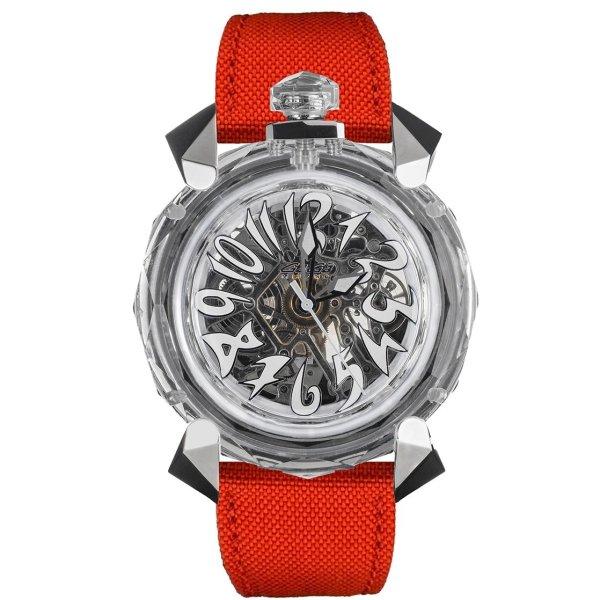 [Domestic regular goods] GaGa MILANO watch watch men's skeleton  self-winding CRYSTAL 46MM crystal 46mm white dial white red red 8060.CY.01  RD