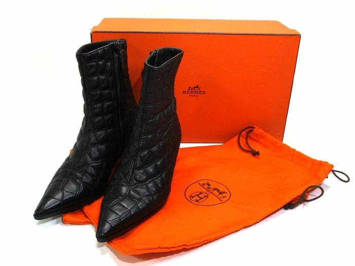 [Used] HERMES Women's Short Boots Quilted Leather Black Star Mark Size 37