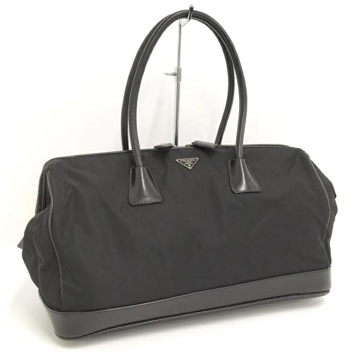 Buy [Used] PRADA Boston Bag Triangle Plate Nylon Leather Black