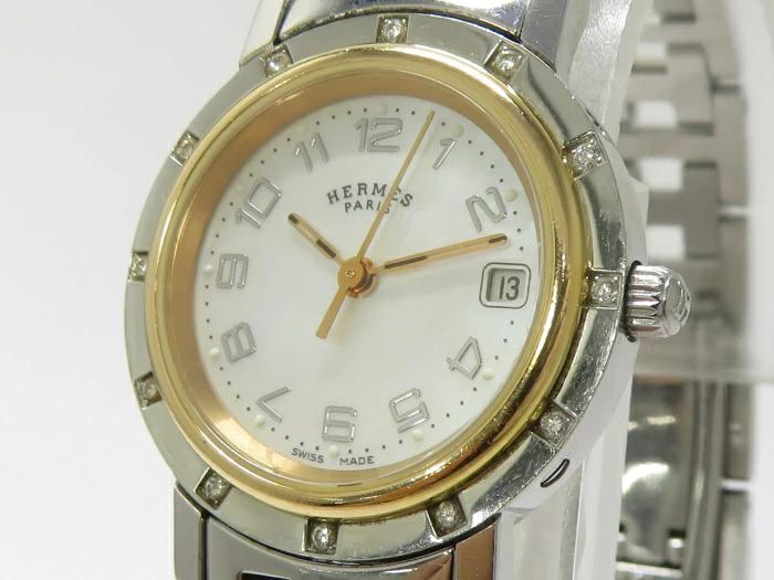 中古] HERMES クリッパー ナクレ 12Pダイヤ レディース 腕時計 SS 