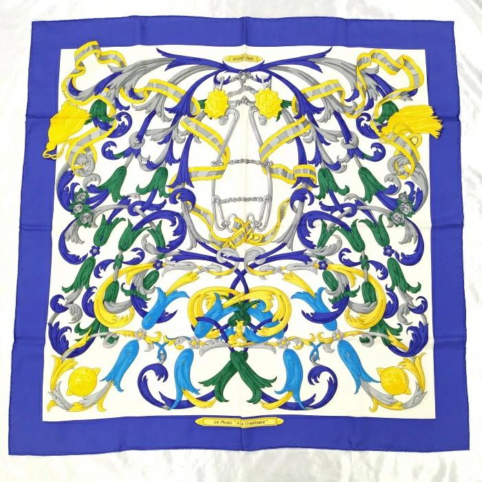 HERMES カレ90 スカーフ LE MORS ALA CONETABLE 轡の気品 シルク ブルー イエロー系｜レディーススカーフ 