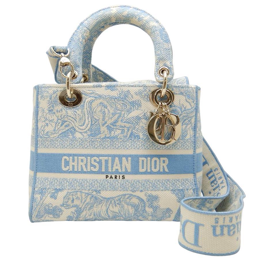 Christian Dior Lady D-Lite Bag Embroidered Canvas Medium Blue