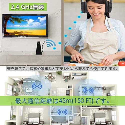 ワイヤレスヘッドホン テレビ用 コードレスヘッドホン 無線DSP Hi-Fiステレオ 最大距離45m 送信機付き 置くだけ充電 音声遅延なし TV  PC スマホ iPadなどに対応 【日本語説明書】 (ブラック)