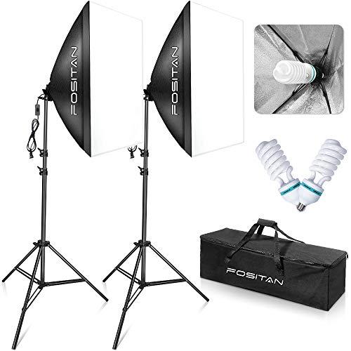 FOSITAN 50x70cm Softbox Kit déclairage 1600W 5500K Kit déclairage continu incluant 2M Support de lumière et 4X E27 CFL Ampoules Kit de Lumière pour Portrait léclairage Photographique 