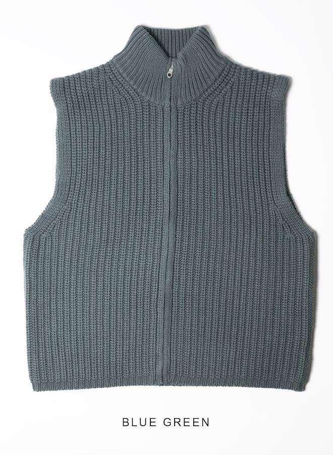 Walenode(ウェルノード)Basolan cashimere wool Futoune zip up vest(バソラン カシミヤ ウール 太畝  ジップアップ ベスト)ニット ニットベスト カシミヤニット メンズ ユニセックス BLUE GREEN 0