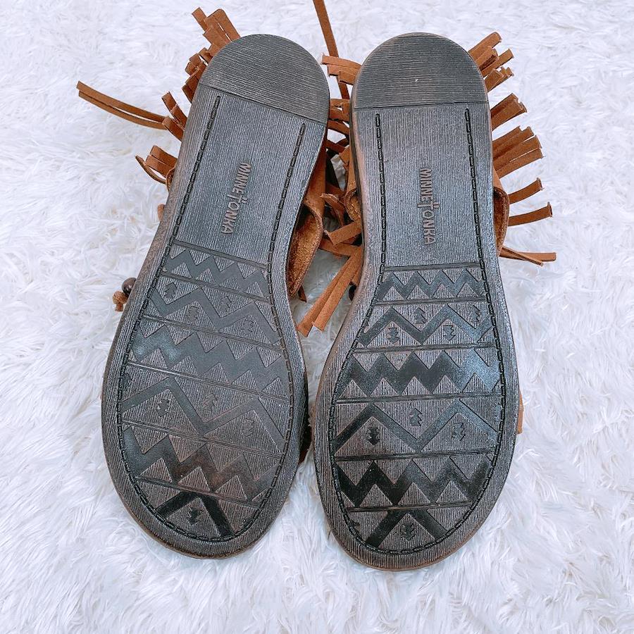 [08112] MINNETONKA Shoes Sandals Brown Fringe 23.0cm With Zipper Flat  Sandals Cute Simple