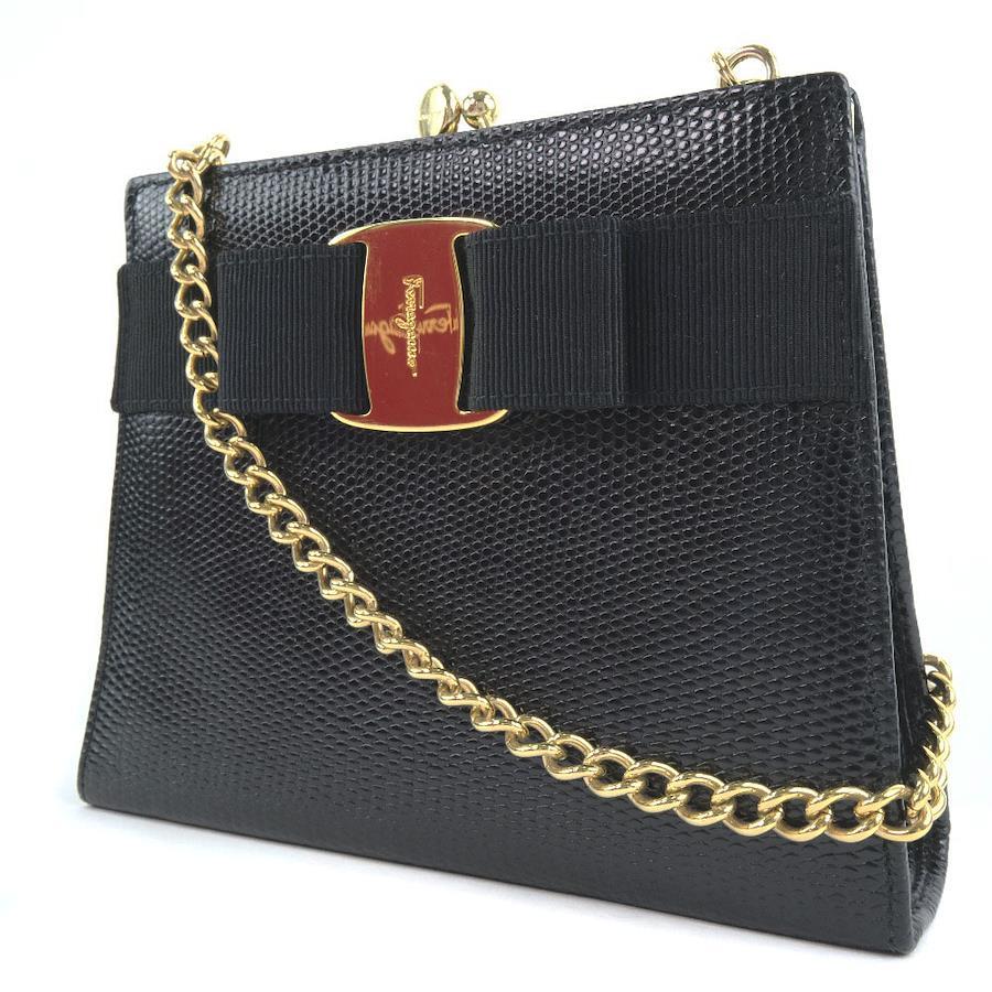Authentic Salvatore Ferragamo Black Leather Gold Chain Shoulder Bag